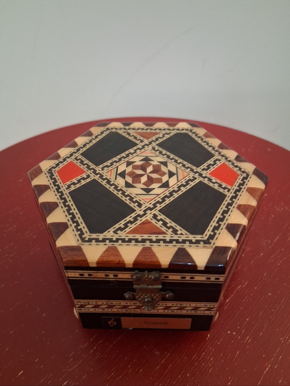 Vintage Mid Century Inlaid Wooden Musical Jewelry Box